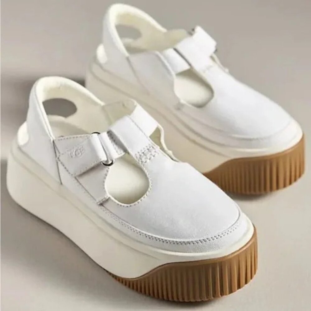 UGG Women's EZ-Duzzit T-Strap Plaftform Flats Mary Janes White Canvas 7 1/2- NWT